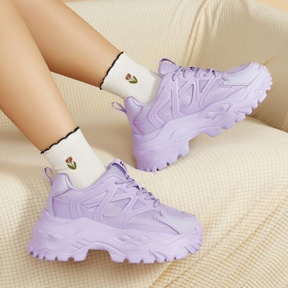 Women's Chunky Sneakers White Black Purple Platform Breathable Casual Lace Up - Picture 7 of 7